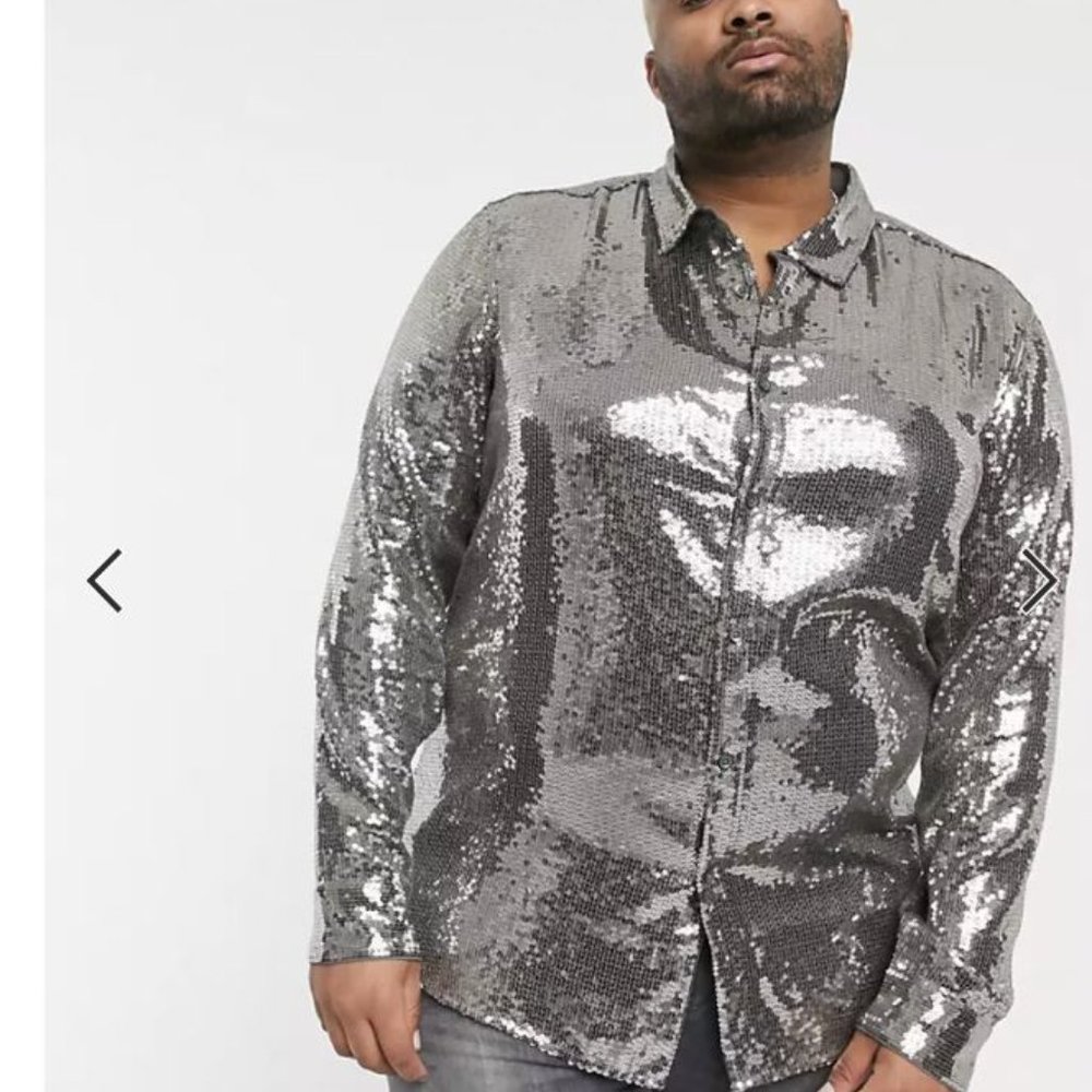 ASOS DESIGN Plus regular fit glitzy sequin shirt in grey